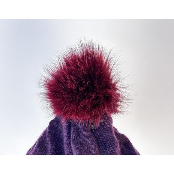 Bettina 100 Cashmere Beanie With Fox Pom Pom Purple  Plum NWT - Picture 2 of 6